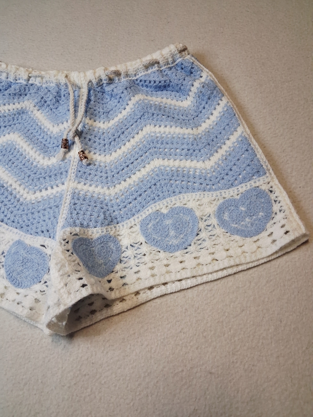 Handmade Crochet Blue & White Heart Shorts